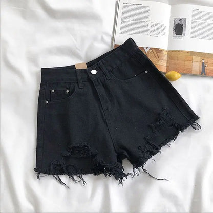 Pocket Tassel Perforated Denim Shorts Female