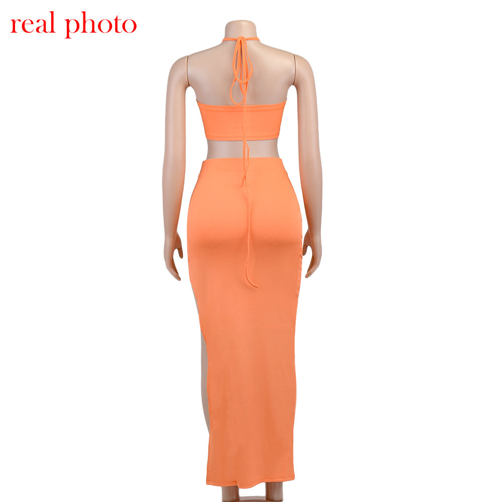 Cryptographic Bandage Cut Out Sexy Halter Neck Top and Skirts Set Gathered Elegant