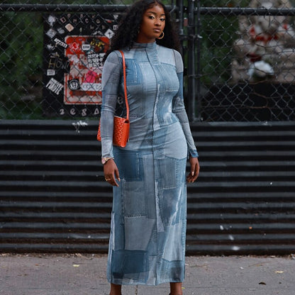 Mesh O Neck Long Flare Sleeve Print Slit Vintage Sexy Bodycon Maxi Dress