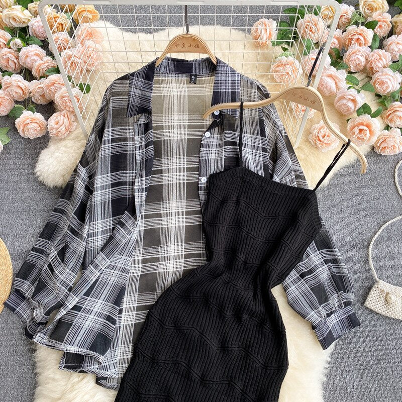 Summer Women Two Piece Set Plaid Long Sleeve Sunscreen Shirt+A-line Knitting Slip Dress