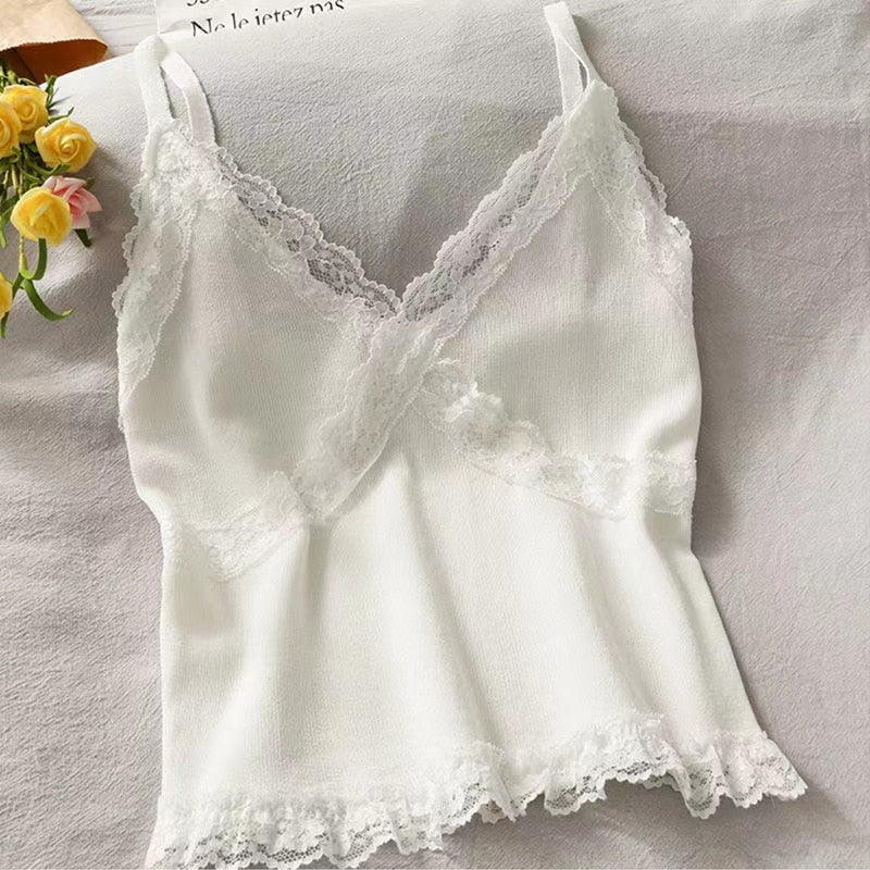 Lace Cami Y2k Tank Top Female V Neck Sleeveless Sexy Blouse Cropped Camisole Knitwear