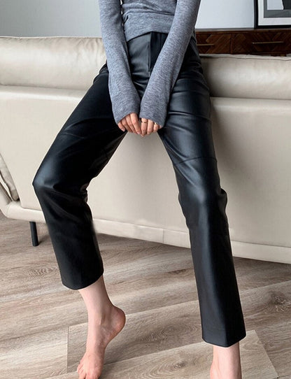 Loose Pockets Women PU Leather Trousers High Waist Single Button Ladies Straight Pants