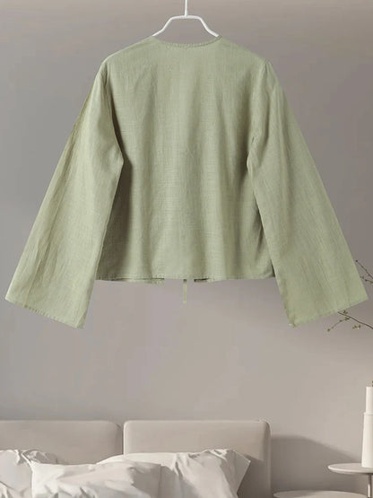 Cotton Linen Lace Up Bow Shirts Women Loose Hollow Out V Neck Long Sleeve Tops