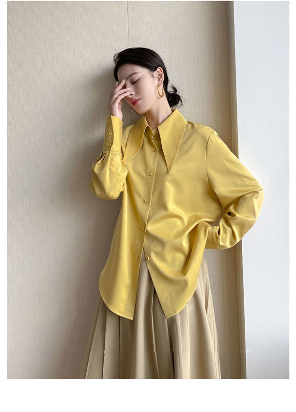 Big Pointed Collar White Blouses For Women Vintage Loose Long Sleeve Shirt