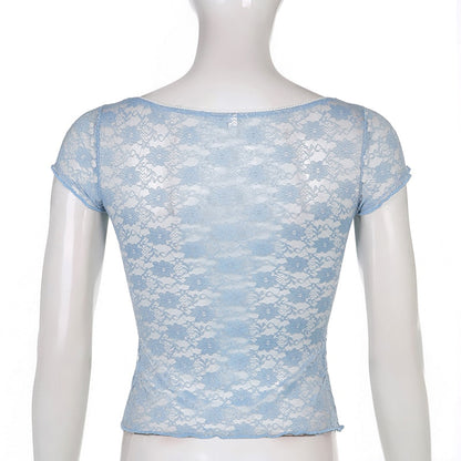Trim Crop Top Bow Cute Sweet T Shirt Women Retro Short Sleeve Lace Patched Tshirt