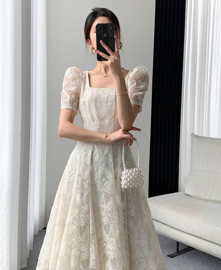 Vintage Square Collar Lace Dress Women Short Sleeve Slim Waist Embroidery Female
