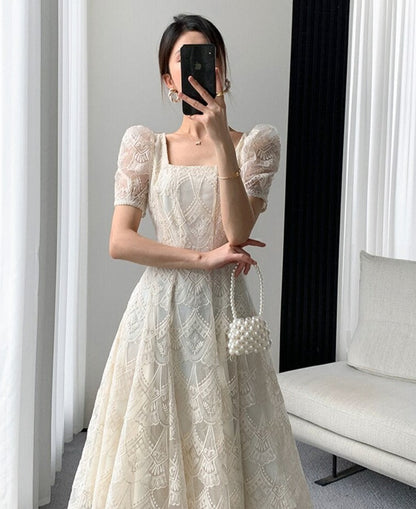Vintage Square Collar Lace Dress Women Short Sleeve Slim Waist Embroidery Female