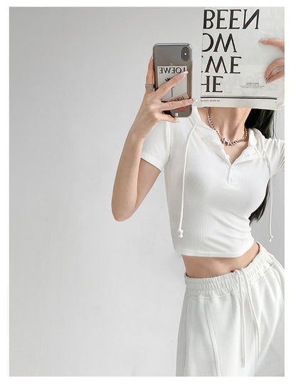 Fashion Hooded T-shirts Women Summer Tight Short Sleeve Y2k Tees Gray Crop Tops Female