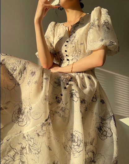 Vintage O-neck Single-breasted Summer Puff Sleeve Slim Women A-line Dress vestidos femme