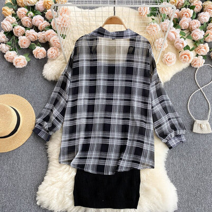 Summer Women Two Piece Set Plaid Long Sleeve Sunscreen Shirt+A-line Knitting Slip Dress