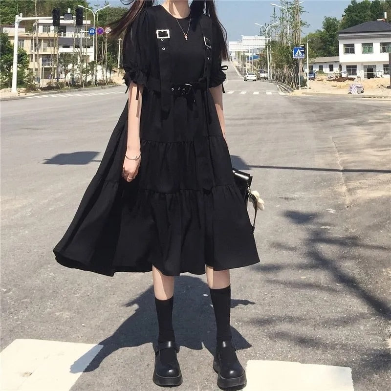 Women Harajuku Gothic Lolita Goth Kawaii Dress Punk Cute Long Sleeve Black Midi Dress