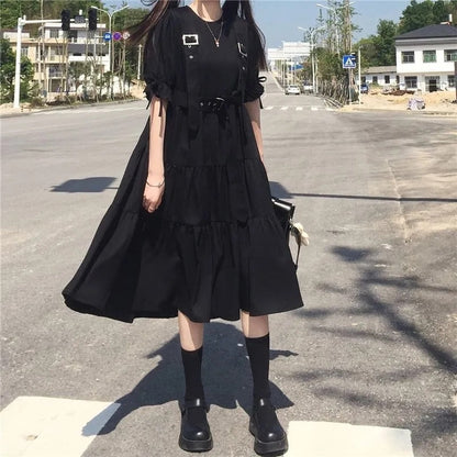 Women Harajuku Gothic Lolita Goth Kawaii Dress Punk Cute Long Sleeve Black Midi Dress