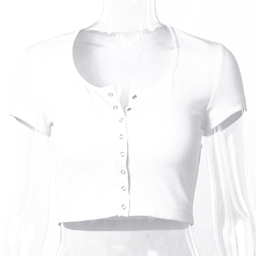 Women clothes Ladies Button Square Neck Tops Short Sleeve square collar pullover T-shirts