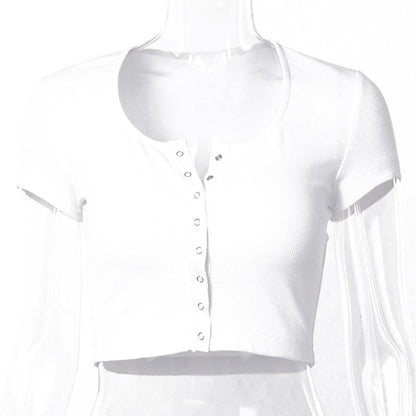 Women clothes Ladies Button Square Neck Tops Short Sleeve square collar pullover T-shirts