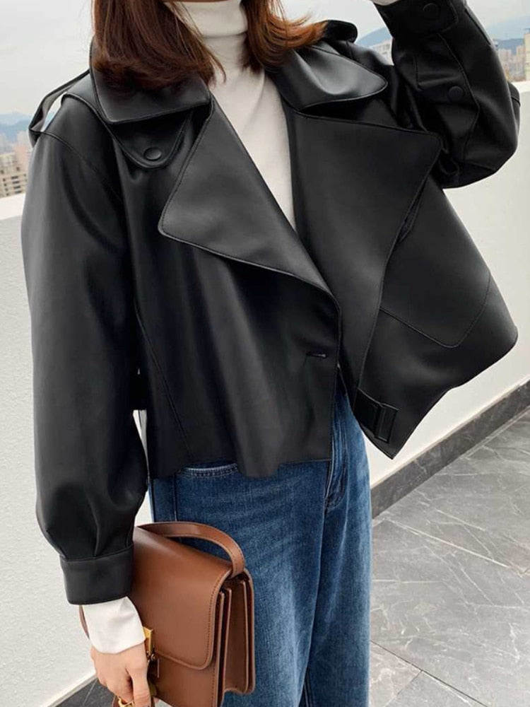 Women Pu Motorcycle Biker Faux Leather Jacket Turndown Collar Loose Punk Outerwear