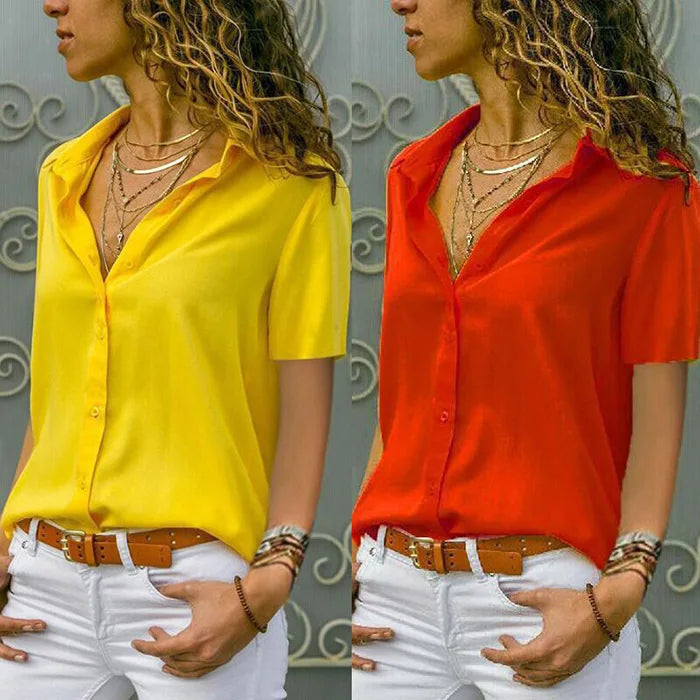 Women Solid White Blouse Tops Office Lady Work Chiffon Button