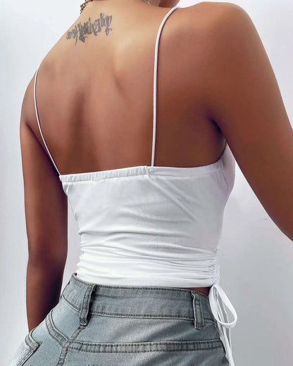 Tank Top V Neck Camisole Cami Drawstring Spaghetti Strap Top