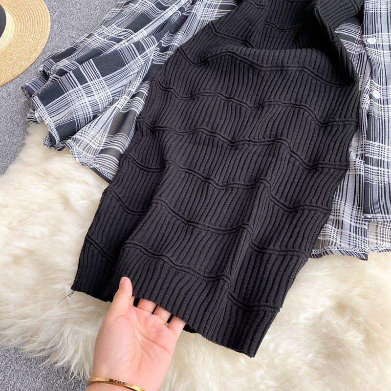 Summer Women Two Piece Set Plaid Long Sleeve Sunscreen Shirt+A-line Knitting Slip Dress