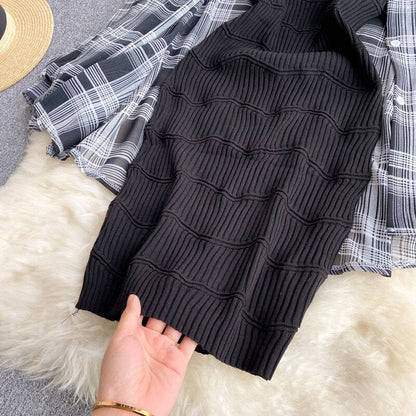 Summer Women Two Piece Set Plaid Long Sleeve Sunscreen Shirt+A-line Knitting Slip Dress