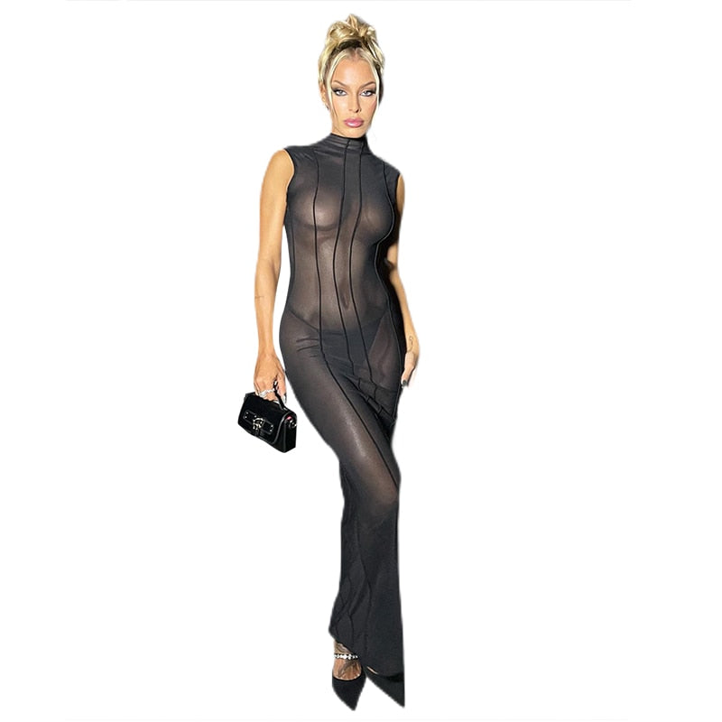 Mesh O Neck Long Sleeves Backless Lace Up See Through Sexy Bodycon Maxi Dress