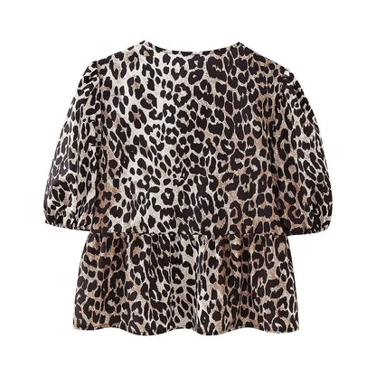 Leopard Blouse Puff Sleeve Crop Top Women&