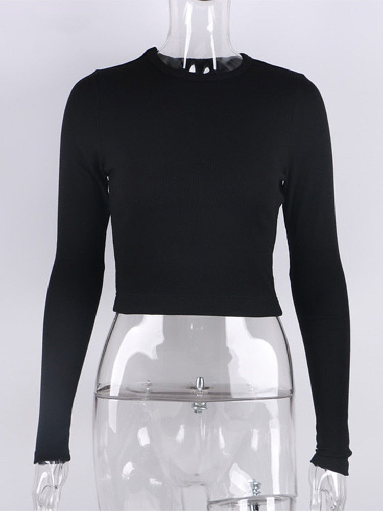O Neck Long Sleeve Shirt Women Ribbed Sexy Cropped Tops Casual Skinny T Shirts White