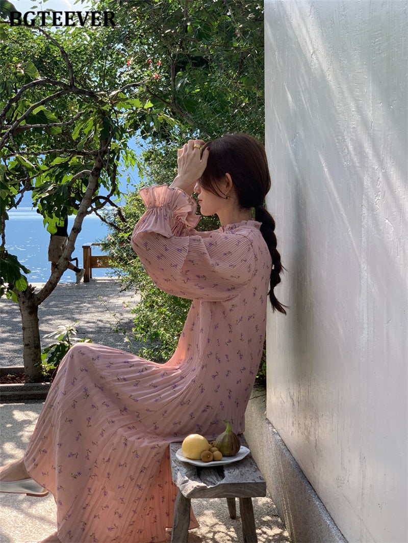 Spring Summer Flare Sleeve Loose Female Pleated Dress vestidos