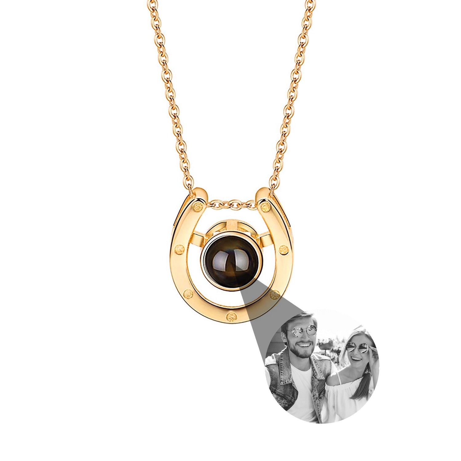 A horseshoe shaped projection necklace with customizable photos Valentine&