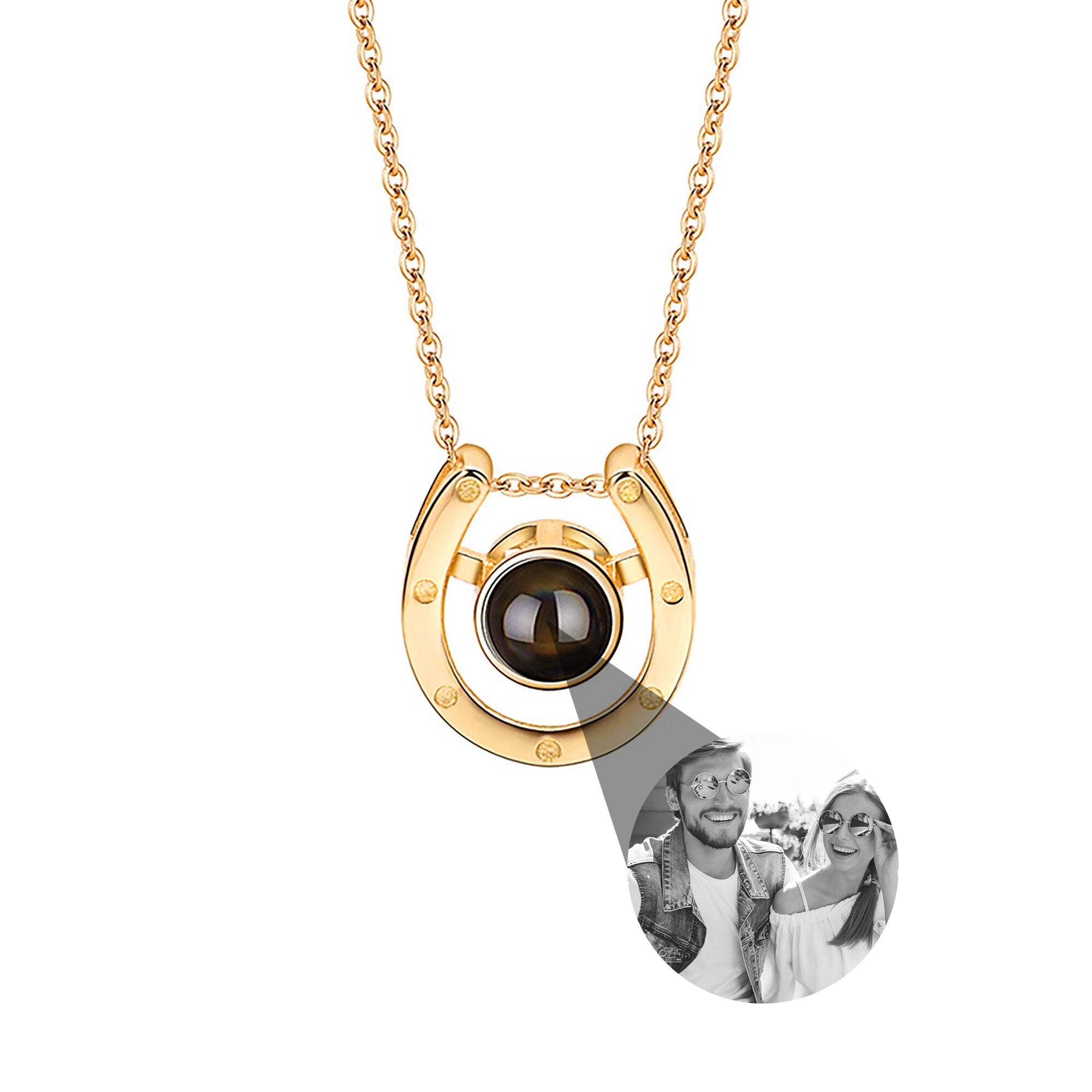 A horseshoe shaped projection necklace with customizable photos Valentine&