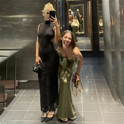 Mesh O Neck Long Sleeves Backless Lace Up See Through Sexy Bodycon Maxi Dress