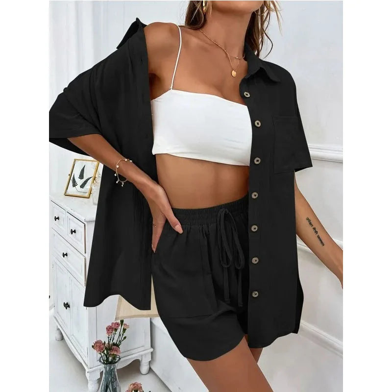Solid Color Casual Loose Short Pants Sets For Women