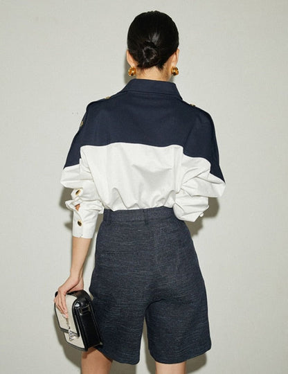 Patchwork Lapel Women Shirts Long Sleeve Single-breasted Loose Female Blouses