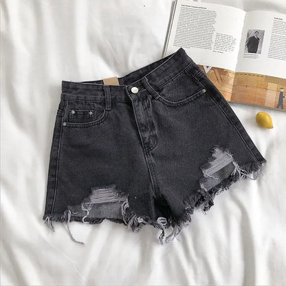 Pocket Tassel Perforated Denim Shorts Female