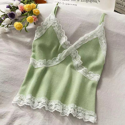 Lace Cami Y2k Tank Top Female V Neck Sleeveless Sexy Blouse Cropped Camisole Knitwear
