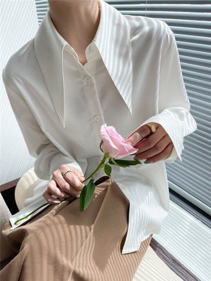 Big Pointed Collar White Blouses For Women Vintage Loose Long Sleeve Shirt