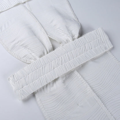 White Deep V-neck Halter Bandage 2 Pieces Sets Sleeveless Backless Suits Outfits with Shorts