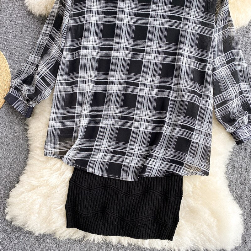 Summer Women Two Piece Set Plaid Long Sleeve Sunscreen Shirt+A-line Knitting Slip Dress