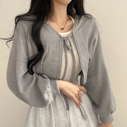 Retro Short Knitted Smock Tie Lantern Sleeve Short