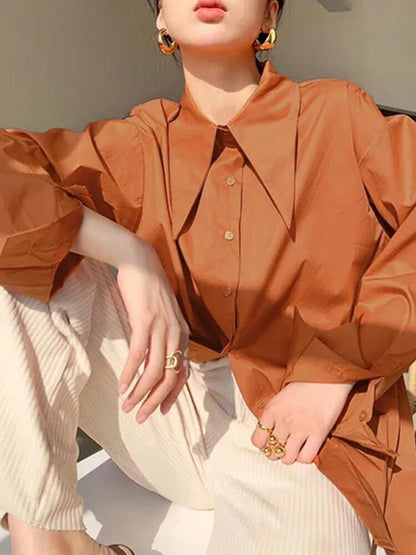 Big Pointed Collar White Blouses For Women Vintage Loose Long Sleeve Shirt