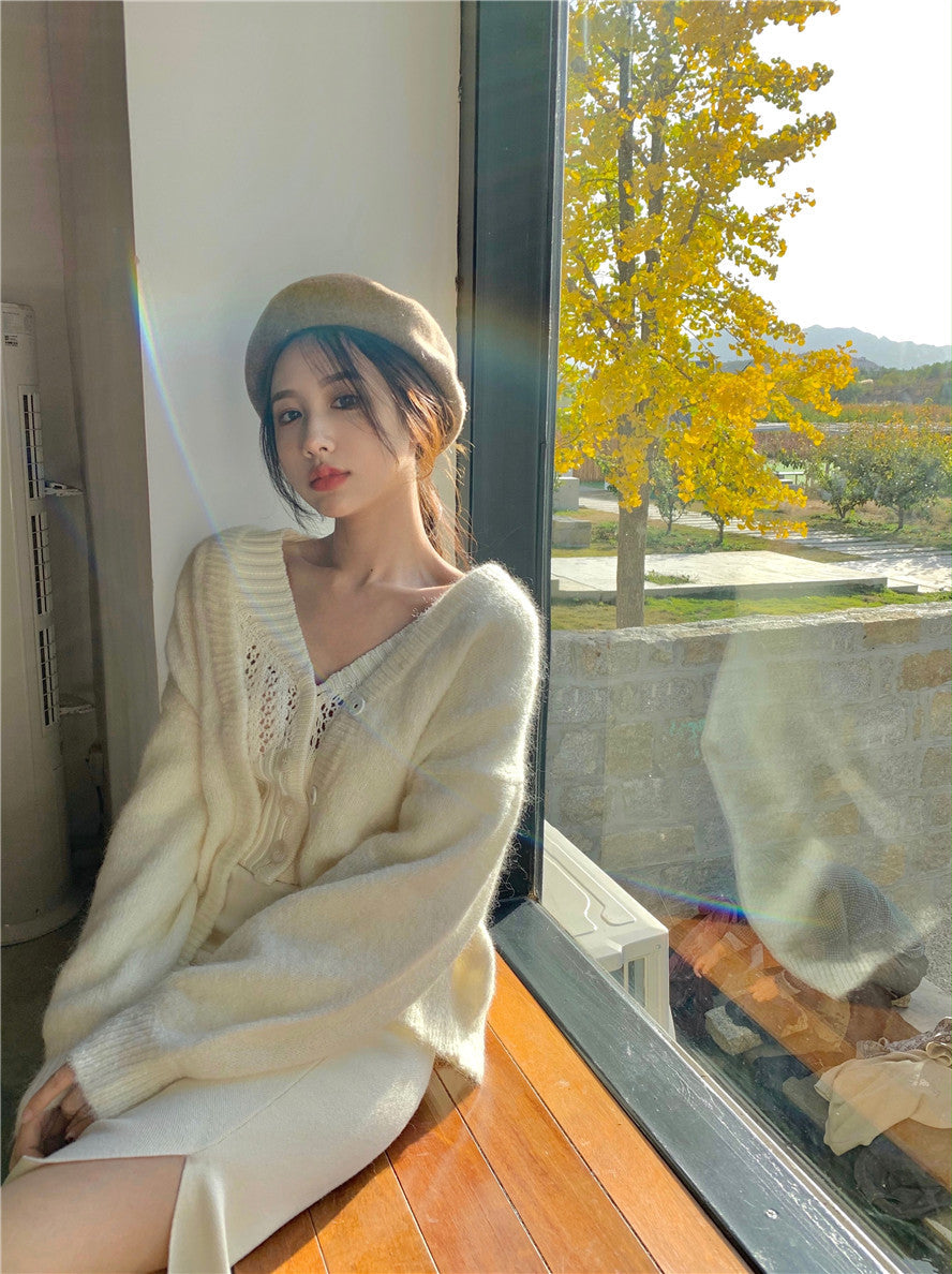 Women Hollow Sweater Cardigan Outerwear V Neck Button Knitted Tops Jackets