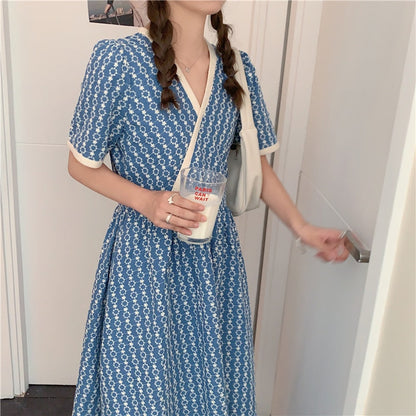 Women Summer V Neck Jacquard Floral Long Dress High Waist Short Sleeve Exquisite Midi Dresses
