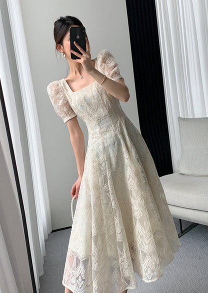 Vintage Square Collar Lace Dress Women Short Sleeve Slim Waist Embroidery Female