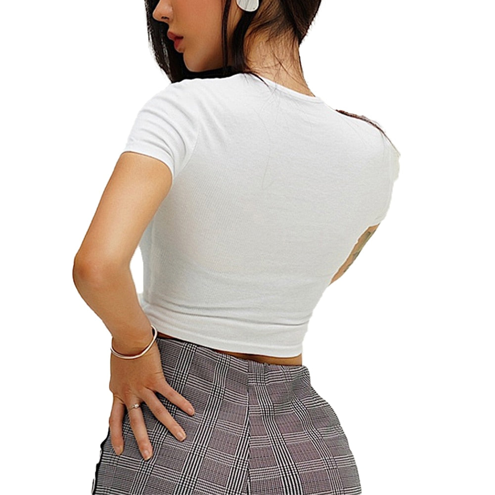 Women clothes Ladies Button Square Neck Tops Short Sleeve square collar pullover T-shirts