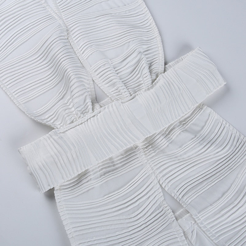 White Deep V-neck Halter Bandage 2 Pieces Sets Sleeveless Backless Suits Outfits with Shorts