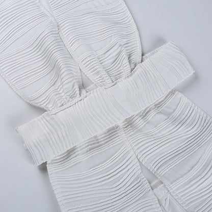 White Deep V-neck Halter Bandage 2 Pieces Sets Sleeveless Backless Suits Outfits with Shorts
