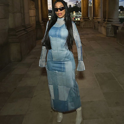 Mesh O Neck Long Flare Sleeve Print Slit Vintage Sexy Bodycon Maxi Dress