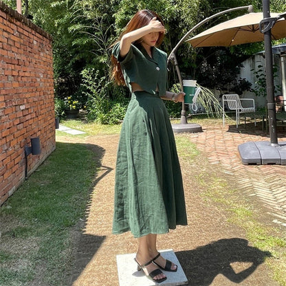 Cotton Linen Skirt 2 Two Piece Sets Outfits Female Short Sleeve Blazer Suits with High Waist