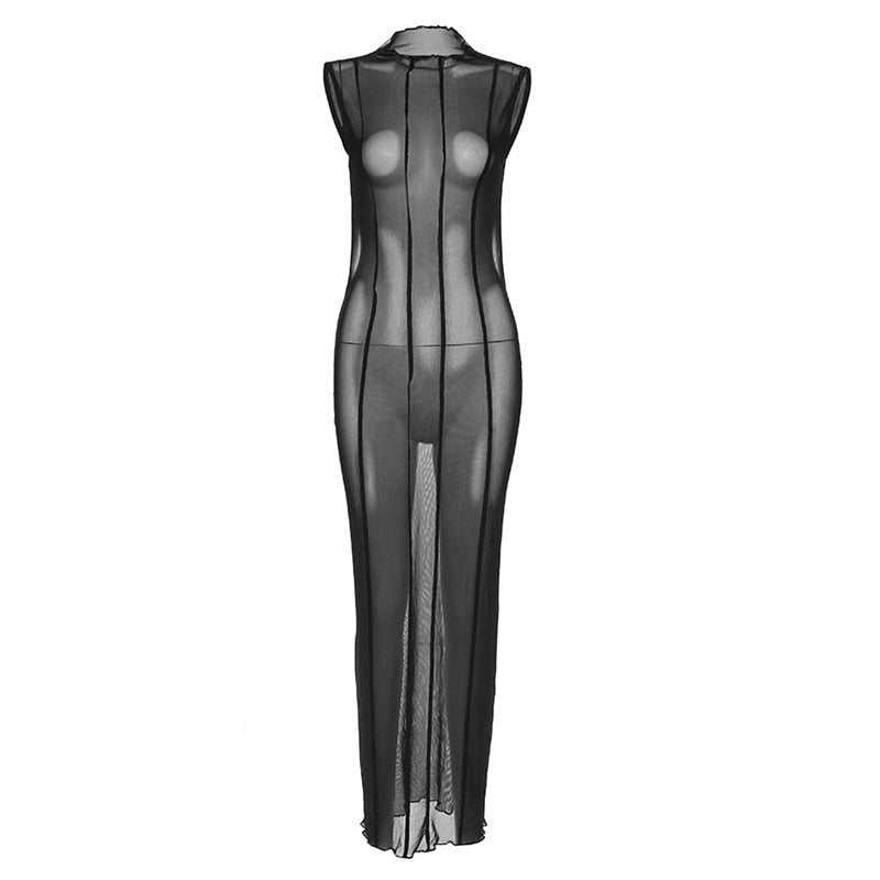 Mesh O Neck Long Sleeves Backless Lace Up See Through Sexy Bodycon Maxi Dress
