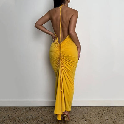 Halter Bandage Sleeveless Backless Shirring Draped Maxi Dress Sexy Streetwear