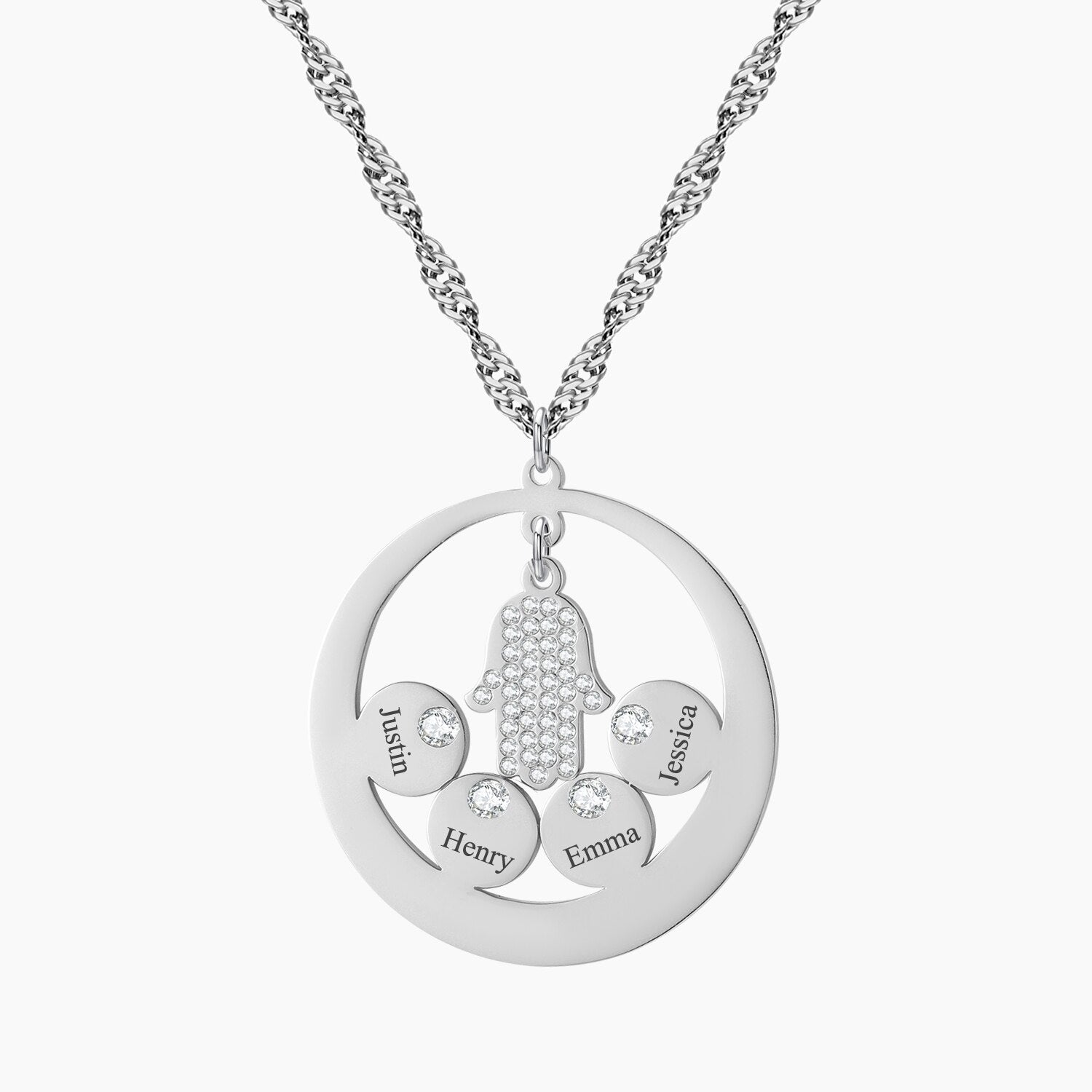 Round Family Name Necklace Hamsa Hand Stainless Steel Necklace Zircon Evil Eye Fatma&